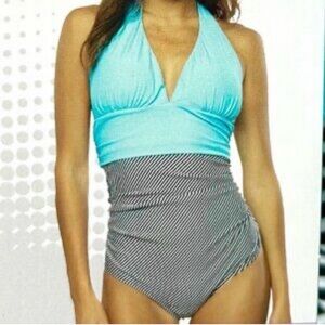 Crane Pinup Style Tummy Toning Turquoise & Striped One Piece Swimsuit